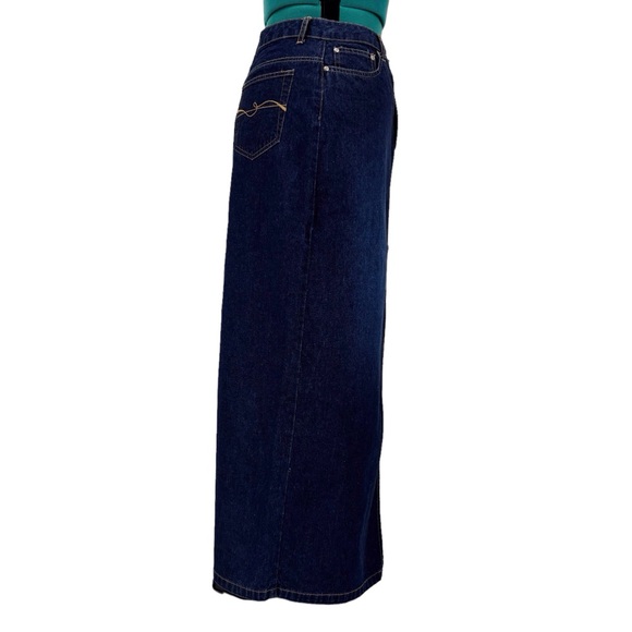 Contrast Jeans Dark Blue Wash Denim Maxi Skirt with Front Slit, 9 - Picture 12 of 16